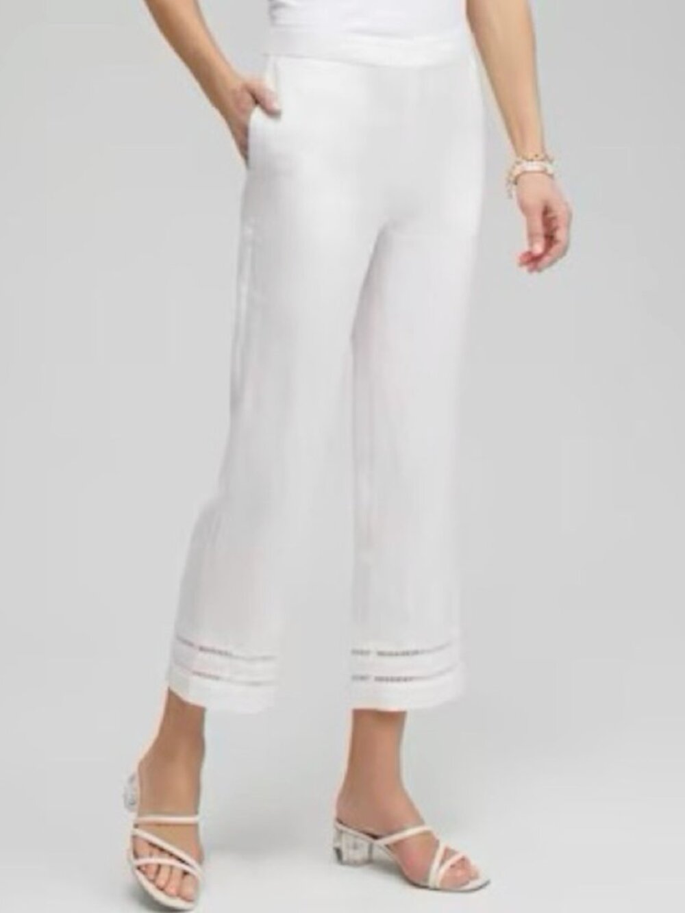 Chico’s Linen Ladder Trim 24” Cropped Pants Straight Leg White Pockets, 2.5 / 14
